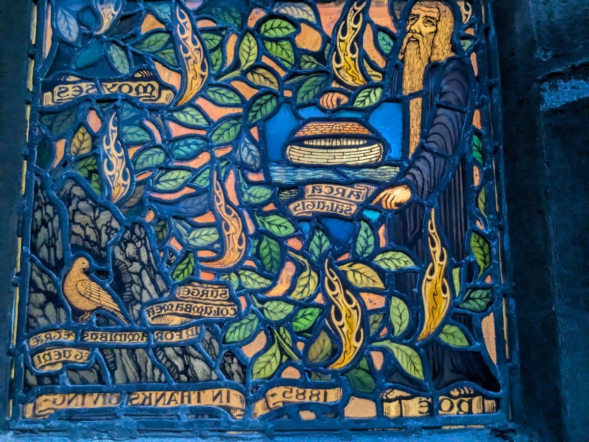 Right lower detail of the Jesse tree window looking in from outside the window