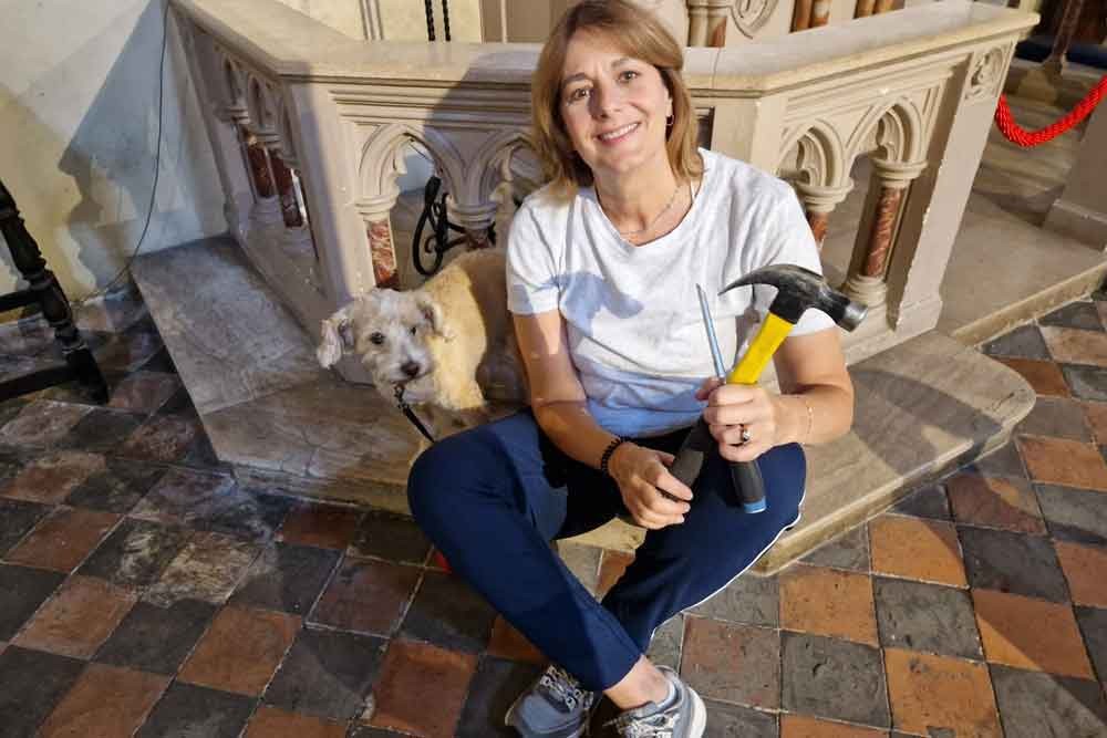 Removing cork flooring to reveal original Pugin floor tiles
