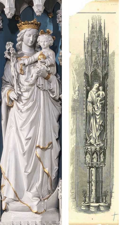 Copy of newspaper cutting of a drawing of the Virgin with Child statue, from the time of the church opening. Provided by Sir Thomas Knill. And the statue as seen today.